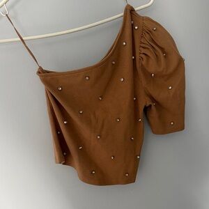 Express Brown Embellished One-Shoulder Crop Top
